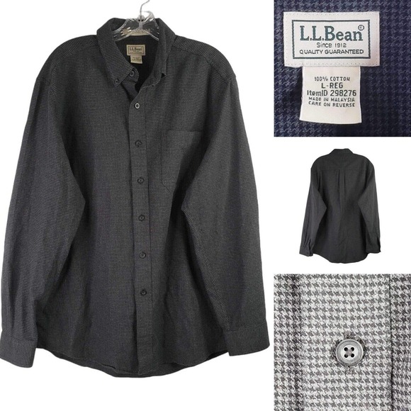 LL Bean Mens Button Down Flannel Shirt Gray Black Houndstooth Large LS M Lodge - Picture 1 of 10